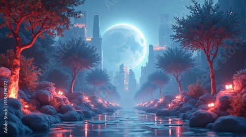 Dreamy cityscape with a large moon, river, trees, and soft lighting.