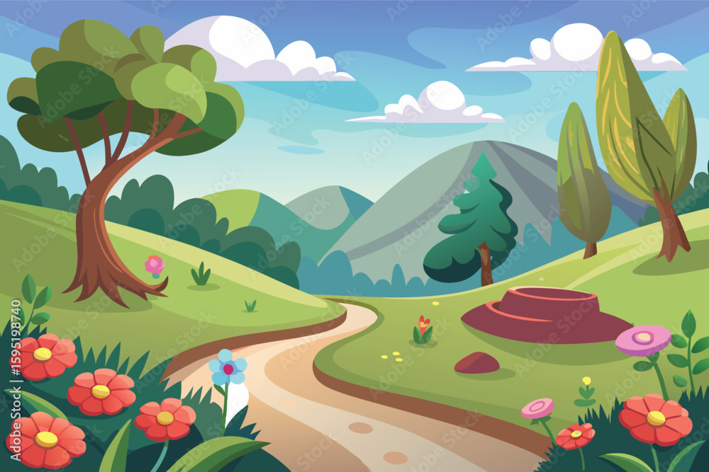 Obraz premium Vibrant spring landscape with winding path and blooming flowers