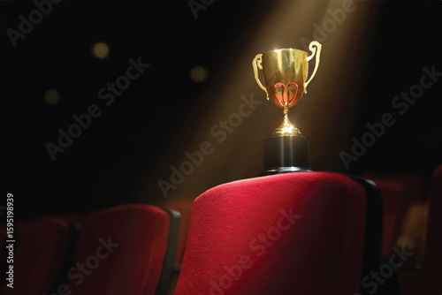 Glowing Gold Trophy on Velvet Podium with Dramatic Spotlight and Subtle Bokeh