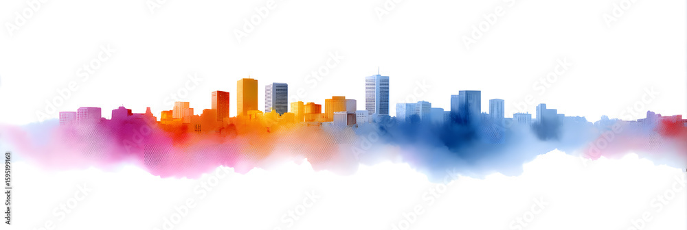 Fototapeta premium A pastel-toned watercolor skyline with soft colors and urban silhouettes. This stylized cityscape is perfect for branding, posters, or design elements with a creative, dreamy vibe.