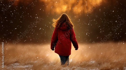 A girl walking through a field during snowfall at sunset, creating a warm and peaceful atmosphere