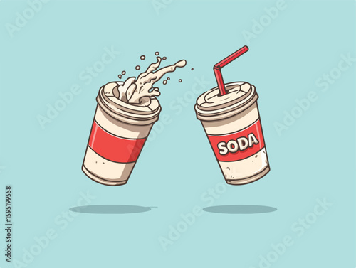 Editable cartoon vector of floating soda cup with splash. Fizzy drink spilling out, symbolizing unhealthy fast food beverage. Fun, dynamic, and eye-catching design.