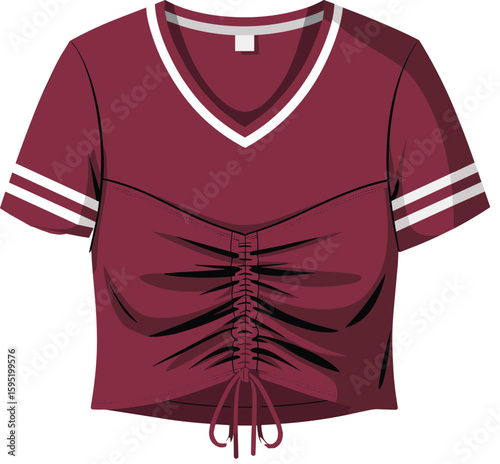 Trendy Maroon Crop Top with Ruched Front and Striped Sleeves, Stylish Women's Fashion Apparel for Casual Wear and Summer Outfits, Modern Design