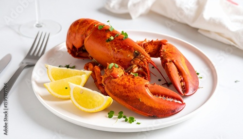 Whole cooked lobster served with lemon slices on a white plate with fork and knife nearby