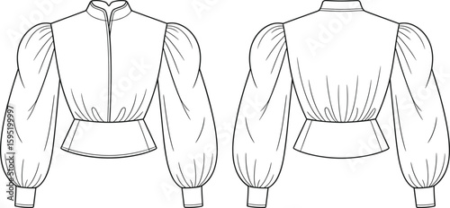 Victorian-inspired peplum blouse sketch with puff sleeves, sweetheart neckline, front and back view, elegant fashion illustration, stylish clothing template