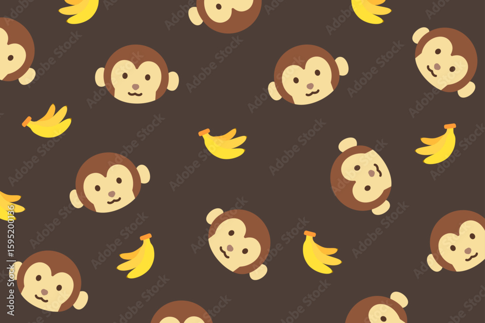 Obraz premium Cheerful monkey faces and bananas on a dark brown background.