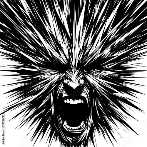 Black and white abstract vector depicting anger with sharp, jagged lines, chaotic geometry, and radiating tension, expressing inner pressure and volatility.