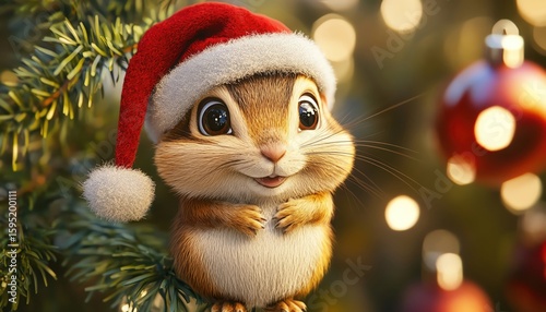 3D cartoon chipmunk in Santa hat on ornament