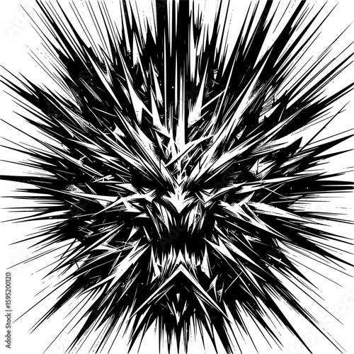 Black and white abstract vector depicting anger with sharp, jagged lines, chaotic geometry, and radiating tension, expressing inner pressure and volatility.