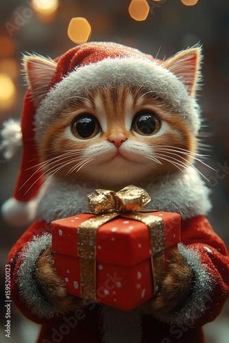 3D cartoon cat in Santa suit holding gift box