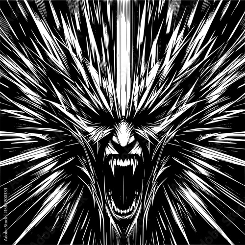 Black and white abstract vector depicting anger with sharp, jagged lines, chaotic geometry, and radiating tension, expressing inner pressure and volatility.