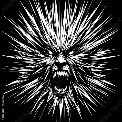 Black and white abstract vector depicting anger with sharp, jagged lines, chaotic geometry, and radiating tension, expressing inner pressure and volatility.