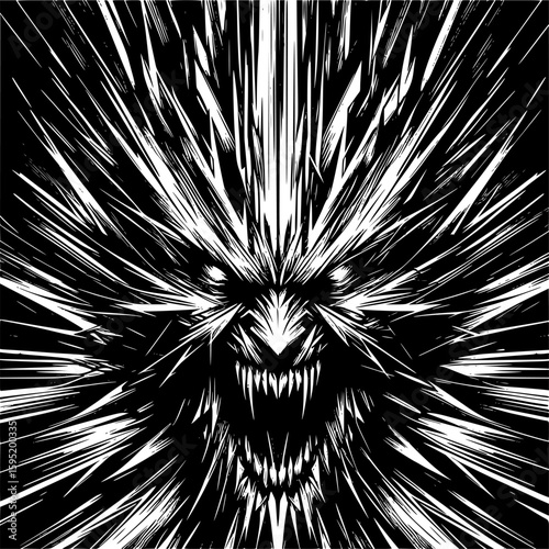 Black and white abstract vector depicting anger with sharp, jagged lines, chaotic geometry, and radiating tension, expressing inner pressure and volatility.