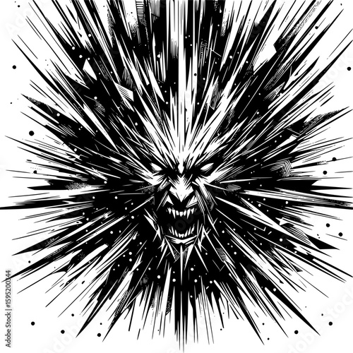 Black and white abstract vector depicting anger with sharp, jagged lines, chaotic geometry, and radiating tension, expressing inner pressure and volatility.