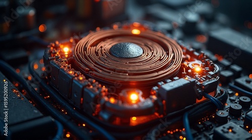 Close-up of a complex electronic circuit board with a central coil and glowing orange lights.