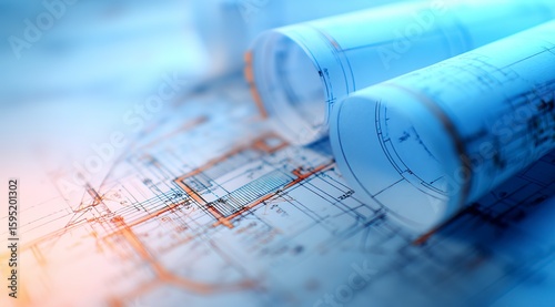 Blueprint Dreams: A detailed architectural design showcasing intricate room layouts and plumbing plans in warm, sunlit tones.	