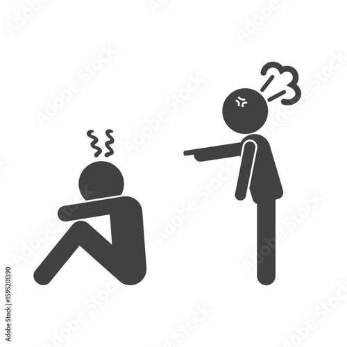 Black silhouette of an angry boss pointing and yelling at an employee sitting with his head bowed in stress, symbolizing a toxic work environment, pressure and conflict in the workplace.