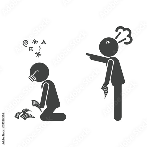 Black silhouette of angry boss shouting at stressed employees symbolizing toxic work environment pressure and workplace conflict. Vector illustration EPS 10.
