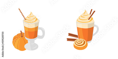 Seasonal fall flat vector pack with glasses of pumpkin spice latte, cinnamon sticks, waffle cones, pumpkin. Hand drawn set for social media posts. menu, banners