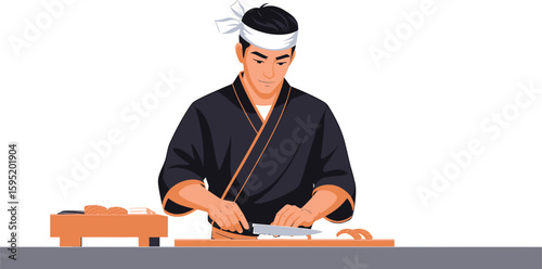 A sushi chef carefully slices ingredients on a wooden cutting board, preparing food.