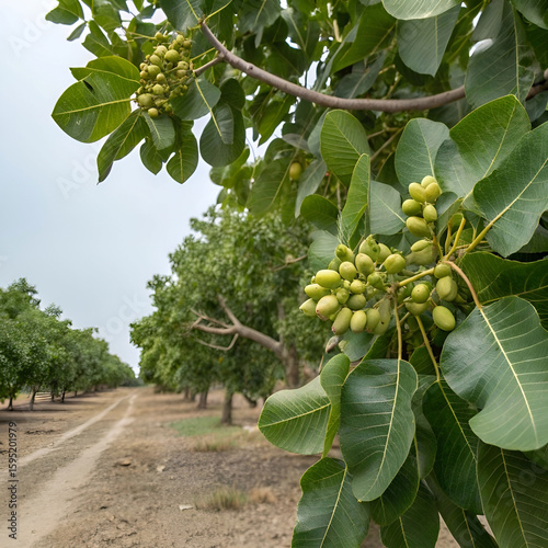 Close-up of a pistachio tree branch with clusters of green.