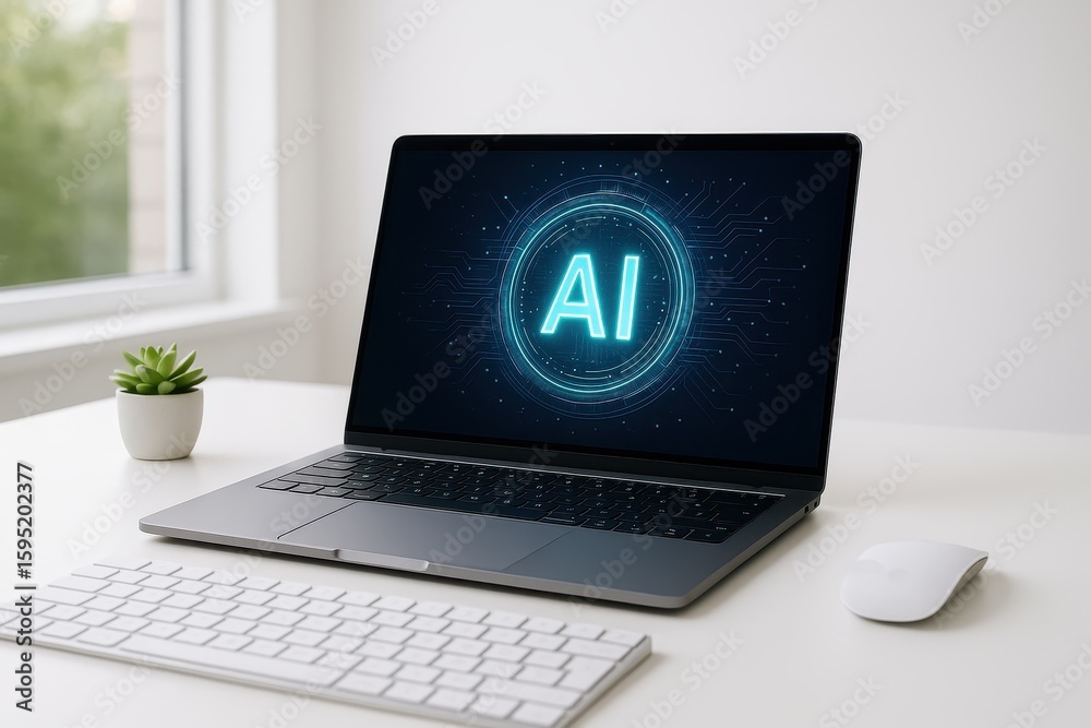 Fototapeta premium Sleek modern laptop displaying AI interface on minimalist white desk with wireless accessories