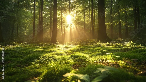 Fototapeta Naklejka Na Ścianę i Meble -  A Serene green forest scene with sunlight filtering through fresh foliage, symbolizing tranquility and nature
