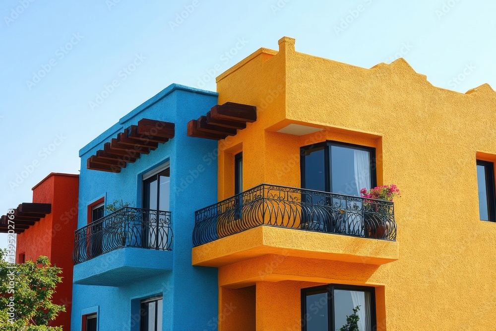 Obraz premium Vibrant Stucco Minimalist Home with Wrought Iron Balconies.