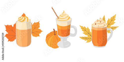 Seasonal fall motif vector set with glasses of pumpkin spice latte, leaves, waffle cones. Autumn illustration for social media graphics, menu for cafe