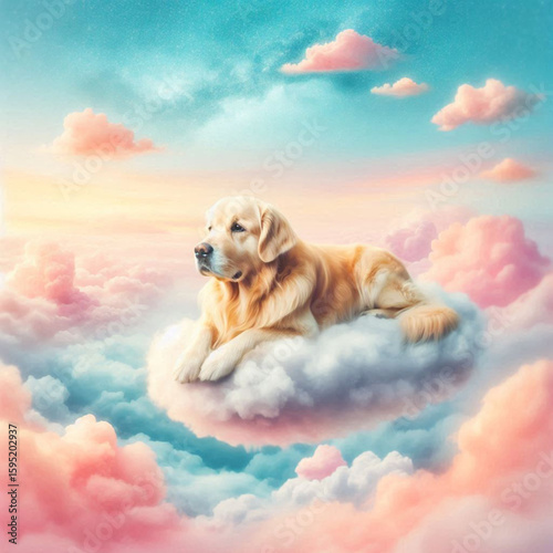 dog in the sky, dog in the clouds, dog and clouds, golden retriever puppy in the sky, golden retriever dog
