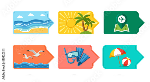 A collection of vibrant vector illustration icons depicting various elements of summer travel and vacation, perfect for holiday planning.