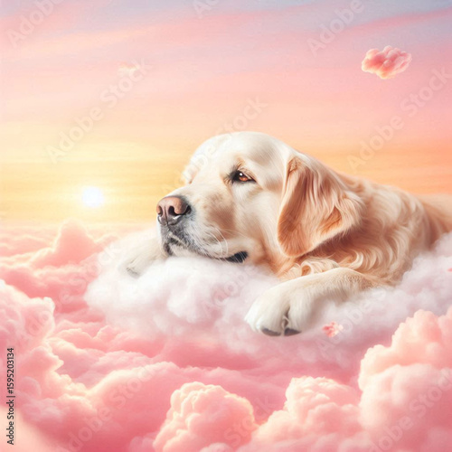 dog in the sky, dog in the clouds, dog and clouds, golden retriever puppy in the sky, golden retriever dog