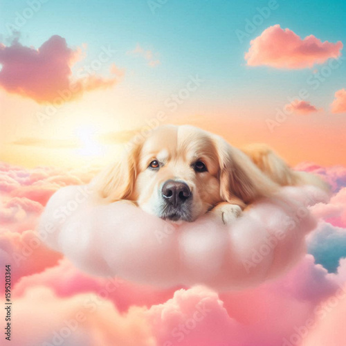 dog in the sky, dog in the clouds, dog and clouds, golden retriever puppy in the sky, golden retriever dog