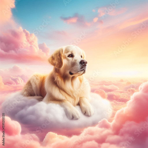 dog in the sky, dog in the clouds, dog and clouds, golden retriever puppy in the sky, golden retriever dog