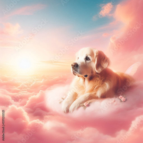 dog in the sky, dog in the clouds, dog and clouds, golden retriever puppy in the sky, golden retriever dog