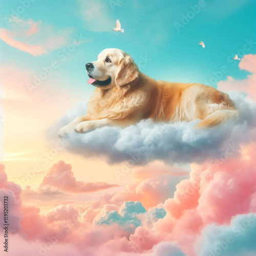 dog in the sky, dog in the clouds, dog and clouds, golden retriever puppy in the sky, golden retriever dog