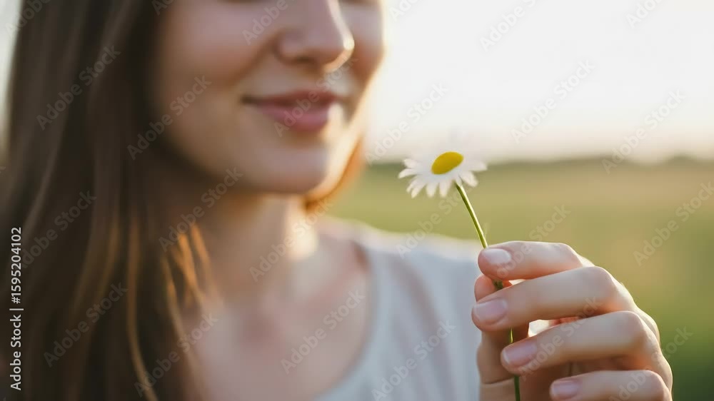 Woman Holding Single Daisy in Field at Sunset Woman Holding Single Daisy in Field at Sunset
