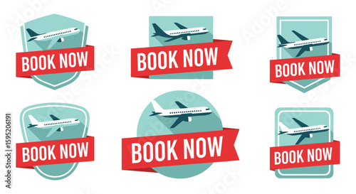 Vector illustration of various flat design 'Book Now' badges with airplanes, perfect for online travel agencies and flight booking advertisements.