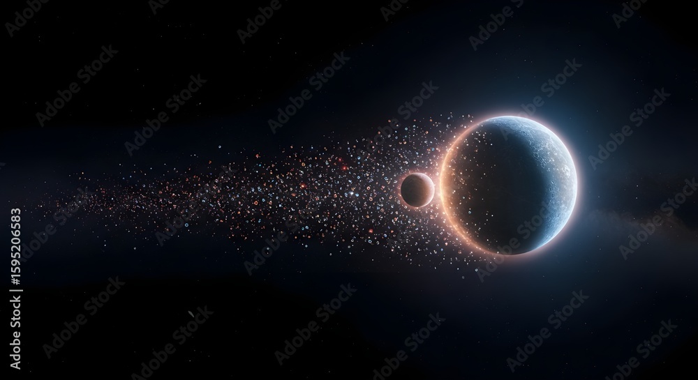 Fototapeta premium glowing Mercury planet reversing through deep space with a trail of digital symbols 