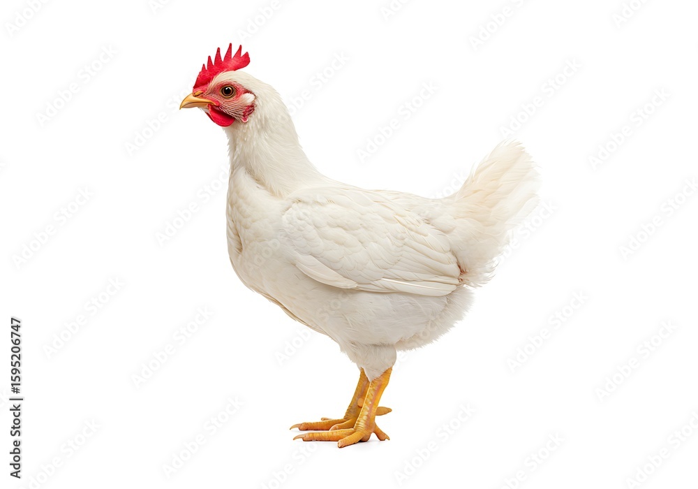 Fototapeta premium A single white chicken standing on white ground