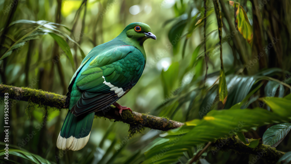 Obraz premium Emerald Dove Perched on Mossy Branch in Tropical Rainforest A Study of Avian Beauty and Natural Harmony in Southeast Asia's Lush Ecosystem