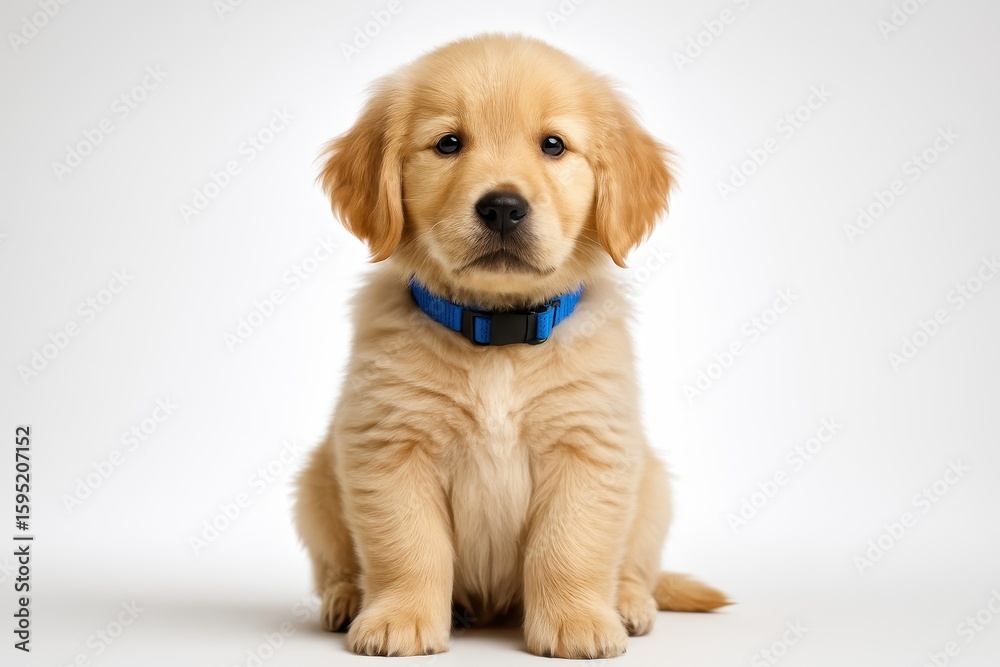 Obraz premium Cheerful golden retriever puppy with bright blue collar sitting perfectly against pristine white studio backdrop with soft rim lighting