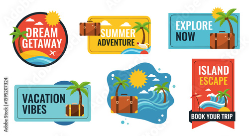 Six vibrant travel badges featuring palm trees, suitcases, and beach scenes, ideal for summer vacation promotions, tourism websites, or travel agency marketing materials.