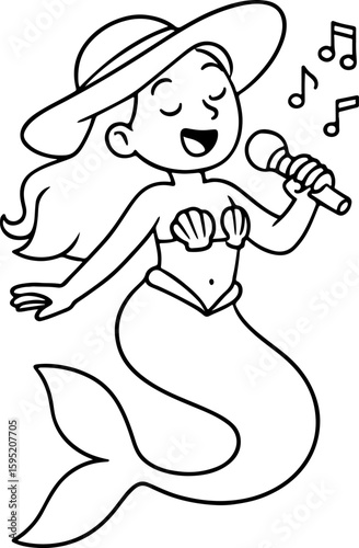 Mermaid Singing Coloring Page – Fantasy Line Art of Mermaid with Microphone for Kids

