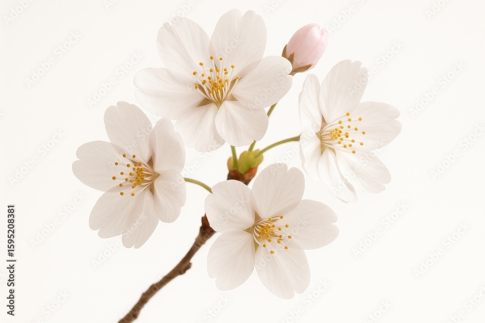 Fototapeta premium Delicate white cherry blossom cluster on pristine white background for minimalist spring design