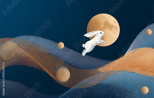 A minimalist graphic design of the Mid-Autumn Festival, featuring an elegant moon