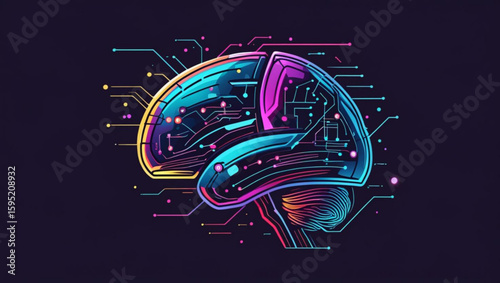  Artificial Intelligence concept with a glowing cybernetic brain illustrating a neural network and machine learning.