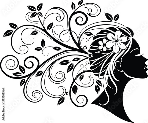 Elegant woman s profile silhouette with floral hair design silhouette