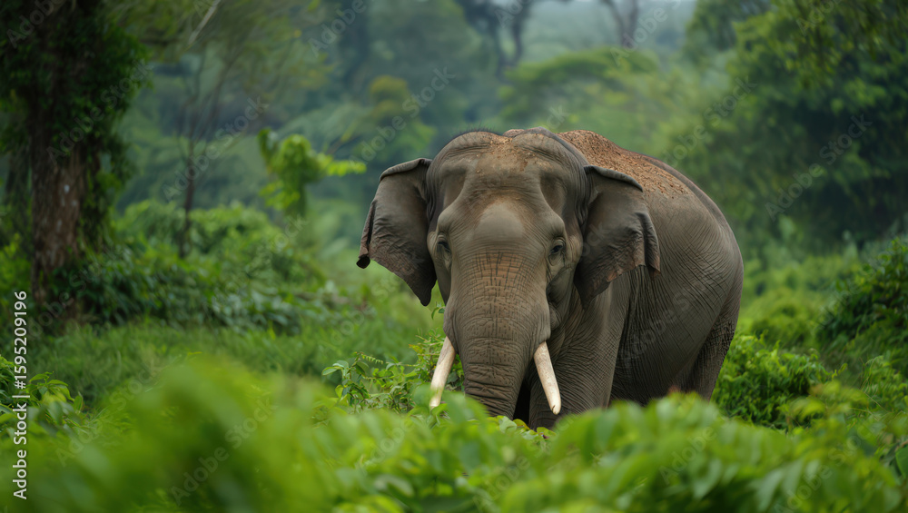Fototapeta premium Asian Elephant in Lush Jungle Undergrowth A Captivating Glimpse of Wildlife in Natural Environment with Greenery and Dense Foliage in Tropical Rainforest
