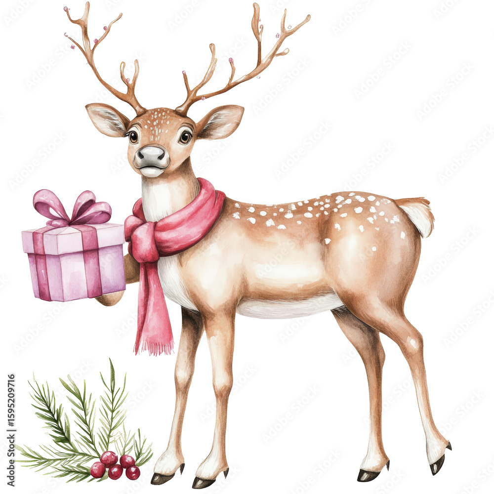 Obraz premium Cute festive deer with large antlers wea a pink scarf holding a wrapped gift box decorated with a bow and standing next to pine branches and berries